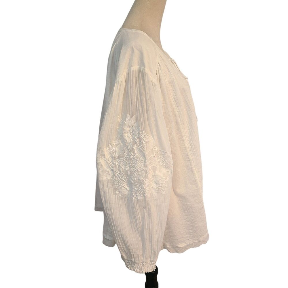 Crown & Ivy Curvy 3X White Embroidered Tunic Blouse Balloon Sleeve Coastal Boho